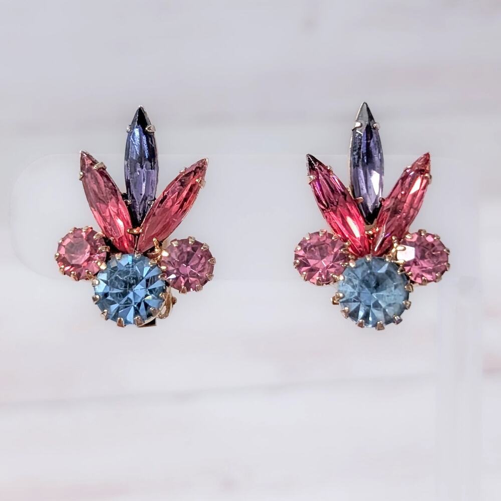 Vintage Clip On Earrings Pink, Blue, Purple Stylish Regal Statement